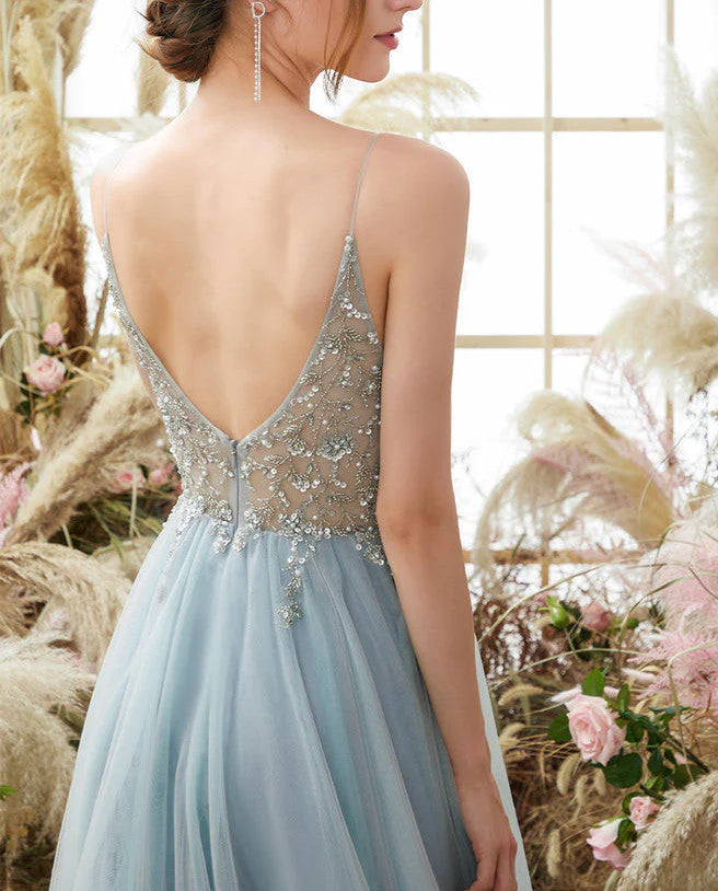 V Neck Tulle Prom Dress With Appliques A Line Long Formal Dress With Beads