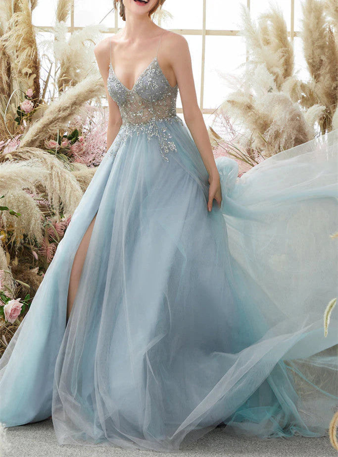 V Neck Tulle Prom Dress With Appliques A Line Long Formal Dress With Beads