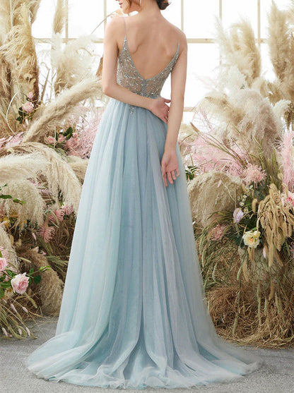 V Neck Tulle Prom Dress With Appliques A Line Long Formal Dress With Beads