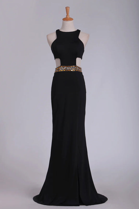 Spandex Scoop Party Dresses Sheath With Beading And Slit