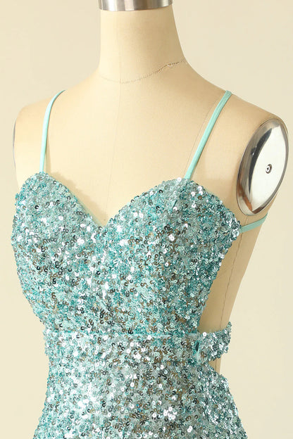 Sparkle Fitted And Sheath Spaghetti Straps Blue Homecoming Dress V Neck