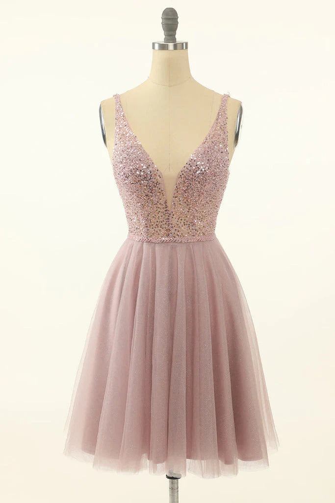 Sparkle Fitted Short V Neck A Line Sequin & Tulle Homecoming Dress