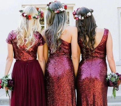 Sparkly Long Burgudny Sequin Shiny Wedding Party Dresses Bridesmaid Dresses