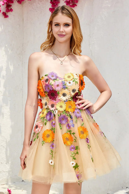 Strapless Homecoming Dresses Knee Length Tulle With 3D Flower