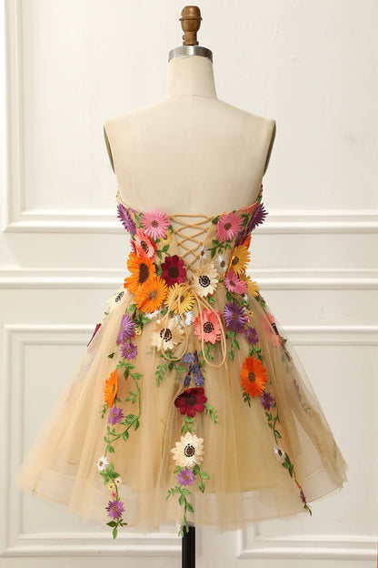 Strapless Homecoming Dresses Knee Length Tulle With 3D Flower