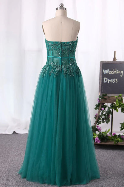 Strapless Party Dresses A Line Tulle With Applique And Slit