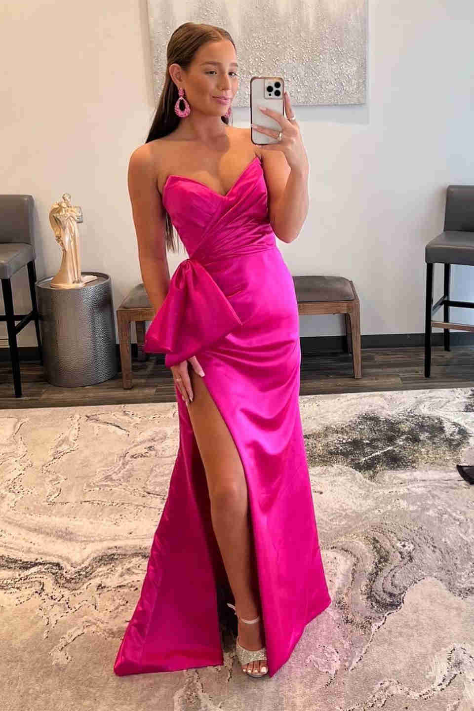 Strapless Satin Floor Length Prom Dresses With Slit & Bowknot