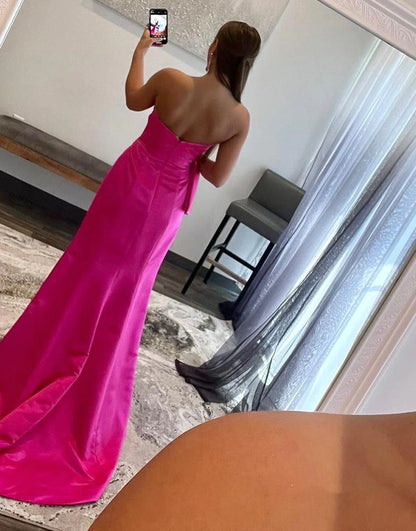 Strapless Satin Floor Length Prom Dresses With Slit & Bowknot