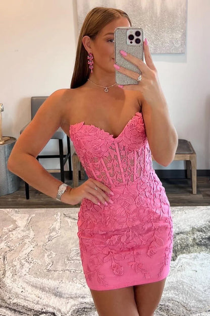 Strapless Sweetheart Short Pink Bodycon Cute Mini Lace Applique Homecoming Dress