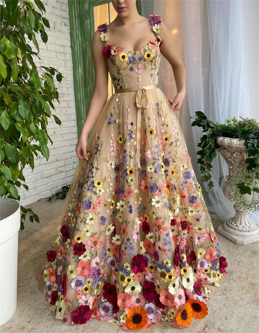 A Line Tulle Prom Dresses With 3D Flower