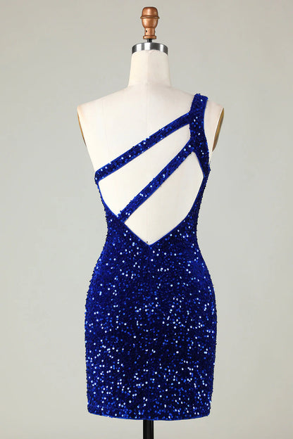 Stunning Hot Sale Sheath One Shoulder Sequins Mini Dress Homecoming Dresses