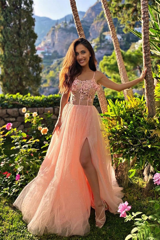 A Line Tulle Sweetheart Spaghetti Straps Slit Sleeveless Prom Dress With With 3D Flowers