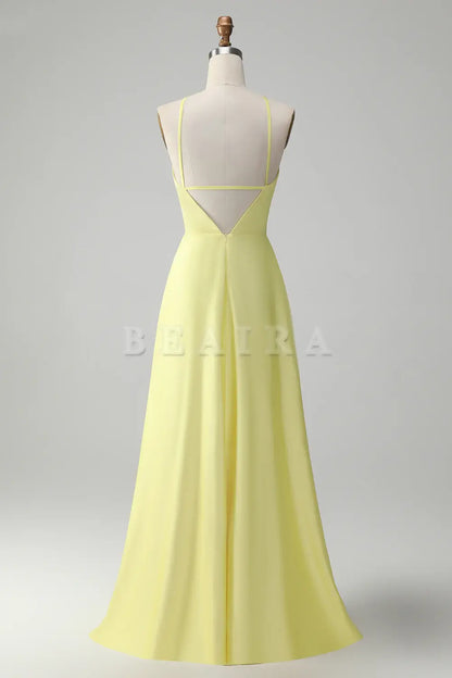 Beaira Stylish Yellow A Line Halter Pleated Long Bridesmaid Dress with Flower Bridesmaid dress shop