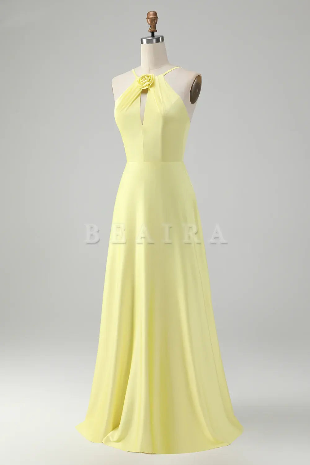 Beaira Stylish Yellow A Line Halter Pleated Long Bridesmaid Dress with Flower Bridesmaid dress shop