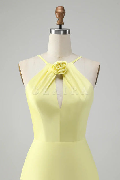 Beaira Stylish Yellow A Line Halter Pleated Long Bridesmaid Dress with Flower Bridesmaid dress shop