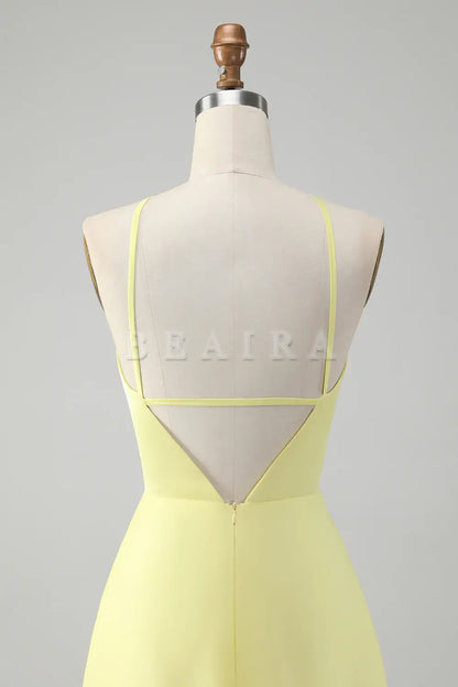 Beaira Stylish Yellow A Line Halter Pleated Long Bridesmaid Dress with Flower Bridesmaid dress shop