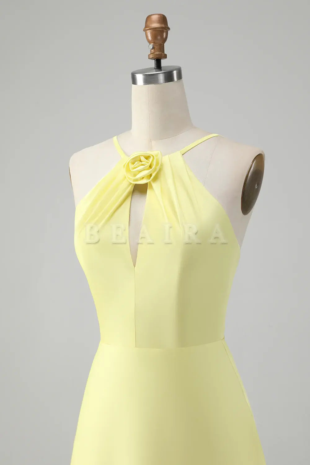 Beaira Stylish Yellow A Line Halter Pleated Long Bridesmaid Dress with Flower Bridesmaid dress shop