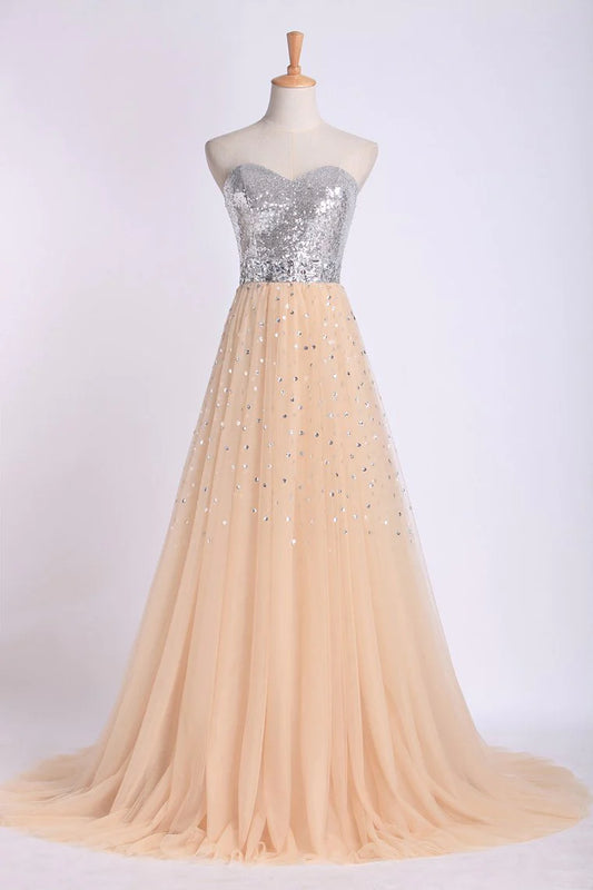 Sweetheart A Line Sweep Train Party Dresses Tulle With Beads