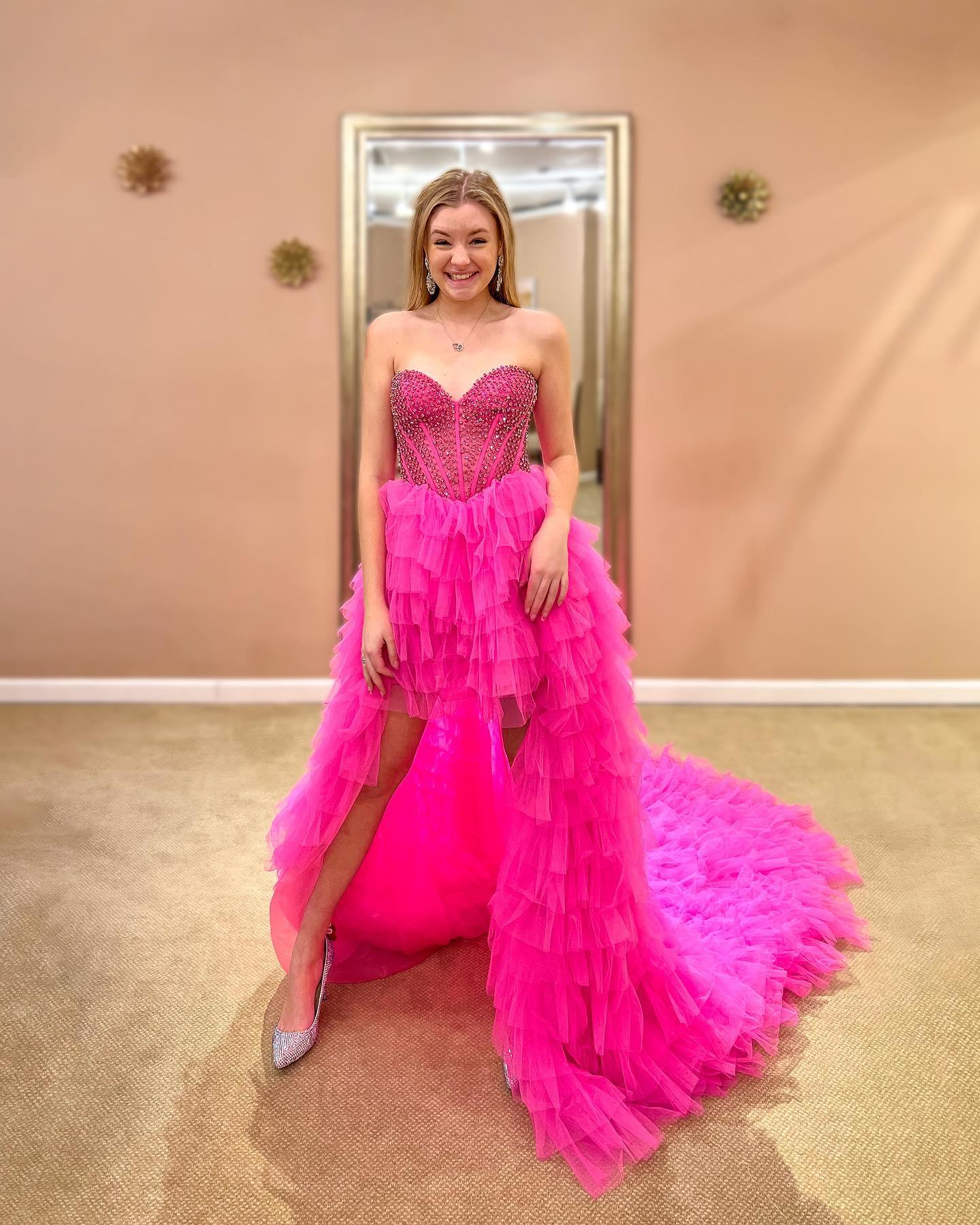 Hot Pink High Low Prom Dress with Beaded Bodice