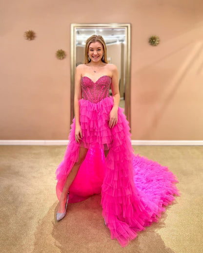 Hot Pink High Low Prom Dress with Beaded Bodice