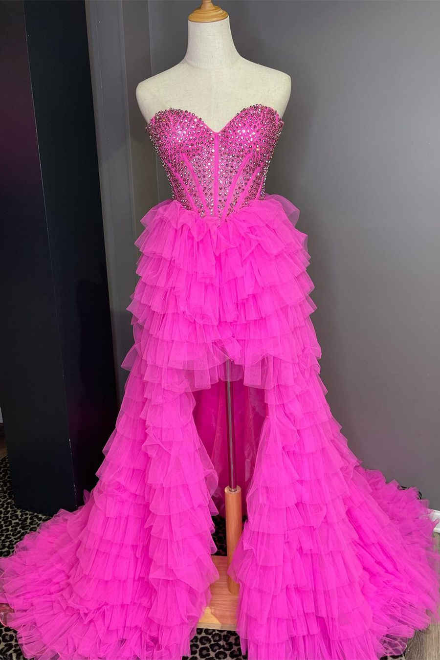 Hot Pink High Low Prom Dress with Beaded Bodice