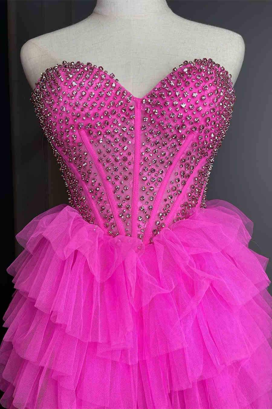 Hot Pink High Low Prom Dress with Beaded Bodice