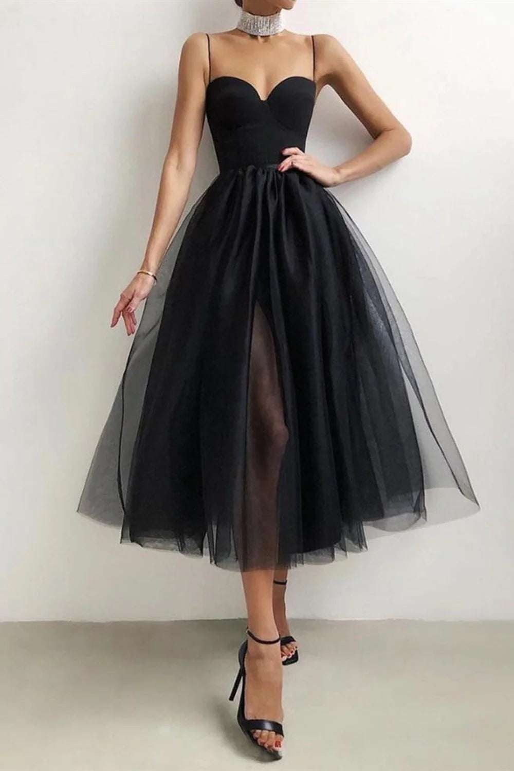 Sweetheart Neck Thin Straps Black/White Tea Length Prom Dress, Black/White Formal Evening Homecoming Dress with Slit