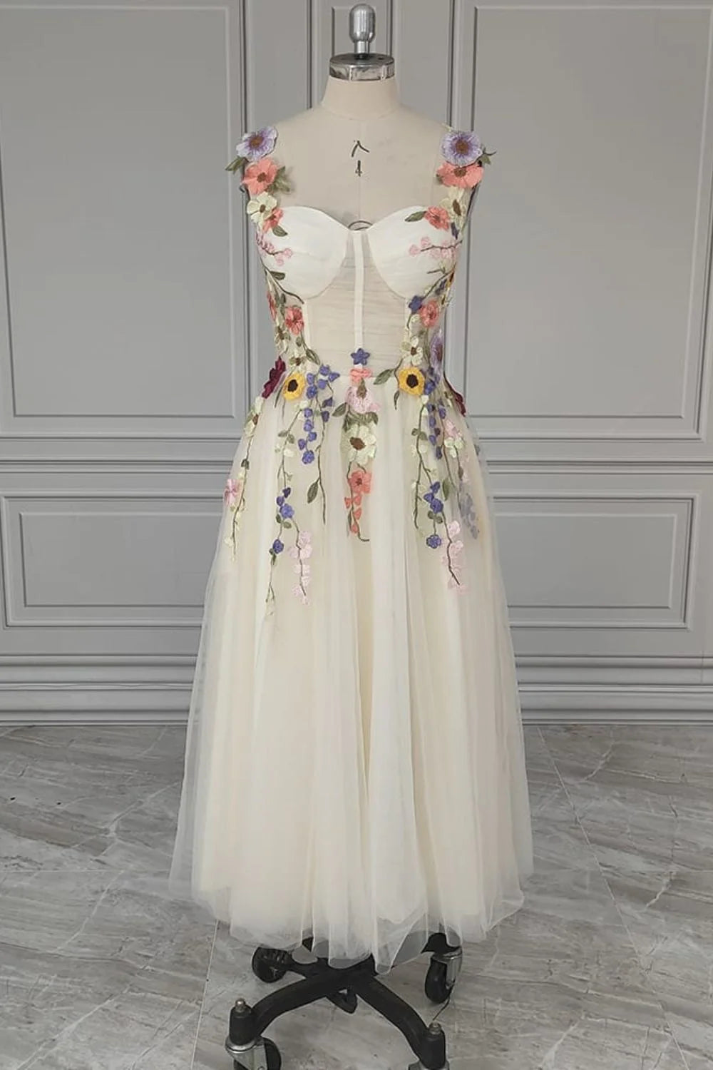 Tea Length Straps Homecoming Dress With Flower Cocktail Dresses With 3D Flower