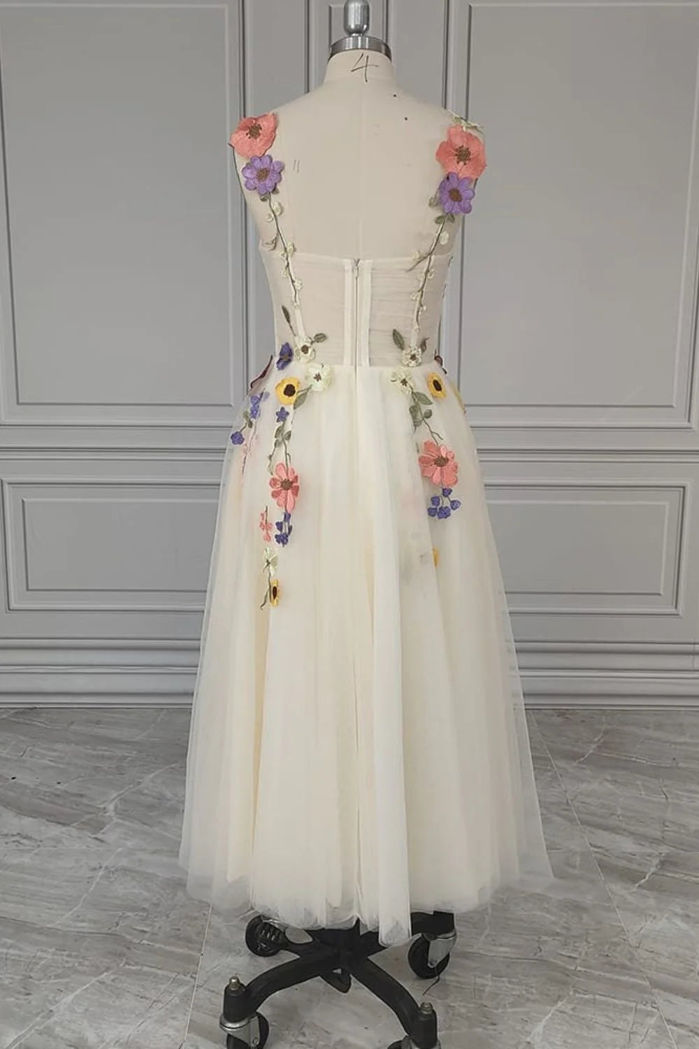 Tea Length Straps Homecoming Dress With Flower Cocktail Dresses With 3D Flower