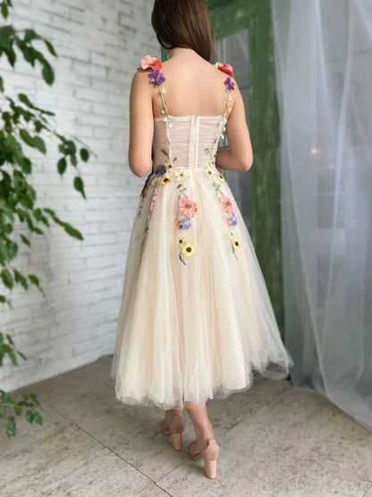 Tea Length Straps Homecoming Dress With Flower Cocktail Dresses With 3D Flower