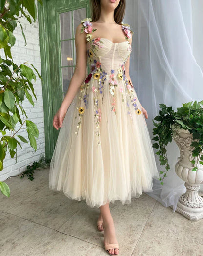 Tea Length Straps Homecoming Dress With Flower Cocktail Dresses With 3D Flower