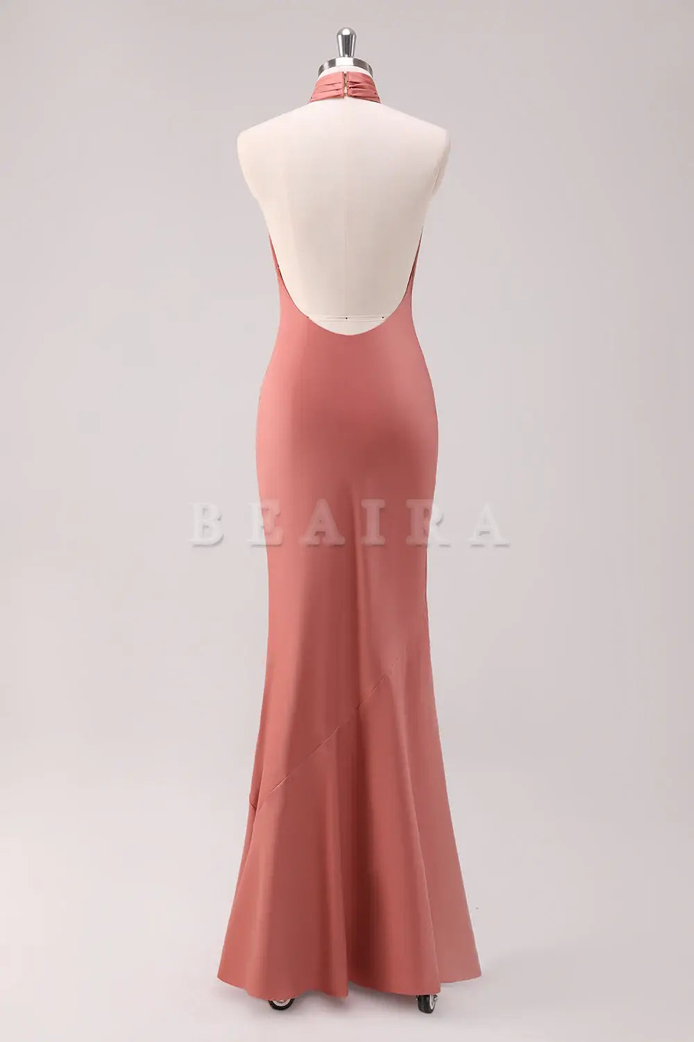 Beaira Terracotta Mermaid Halter Backless Floor Length Satin Bridesmaid Dress Bridesmaid dress shop