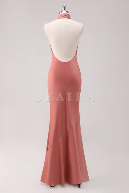 Beaira Terracotta Mermaid Halter Backless Floor Length Satin Bridesmaid Dress Bridesmaid dress shop