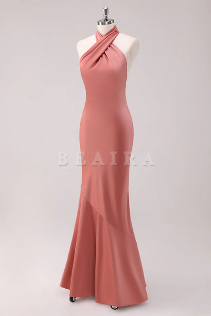 Beaira Terracotta Mermaid Halter Backless Floor Length Satin Bridesmaid Dress Bridesmaid dress shop