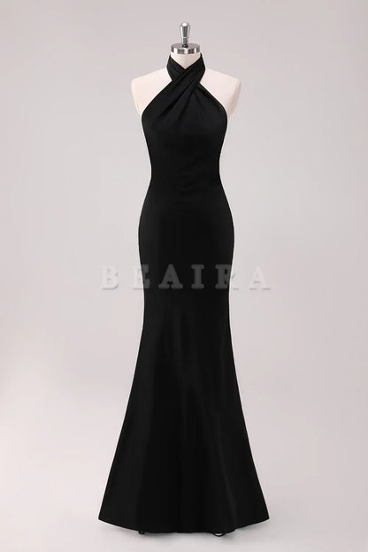 Beaira Black Mermaid Halter Backless Floor Length Satin Bridesmaid Dress Bridesmaid dress shop