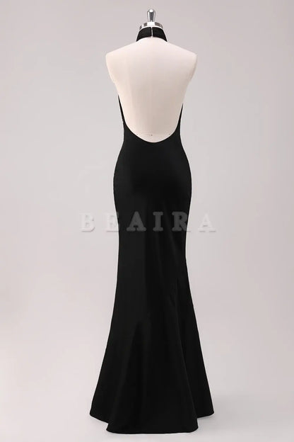 Beaira Black Mermaid Halter Backless Floor Length Satin Bridesmaid Dress Bridesmaid dress shop