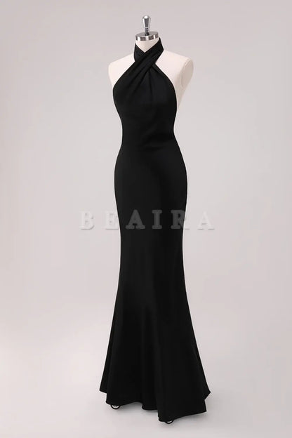 Beaira Black Mermaid Halter Backless Floor Length Satin Bridesmaid Dress Bridesmaid dress shop