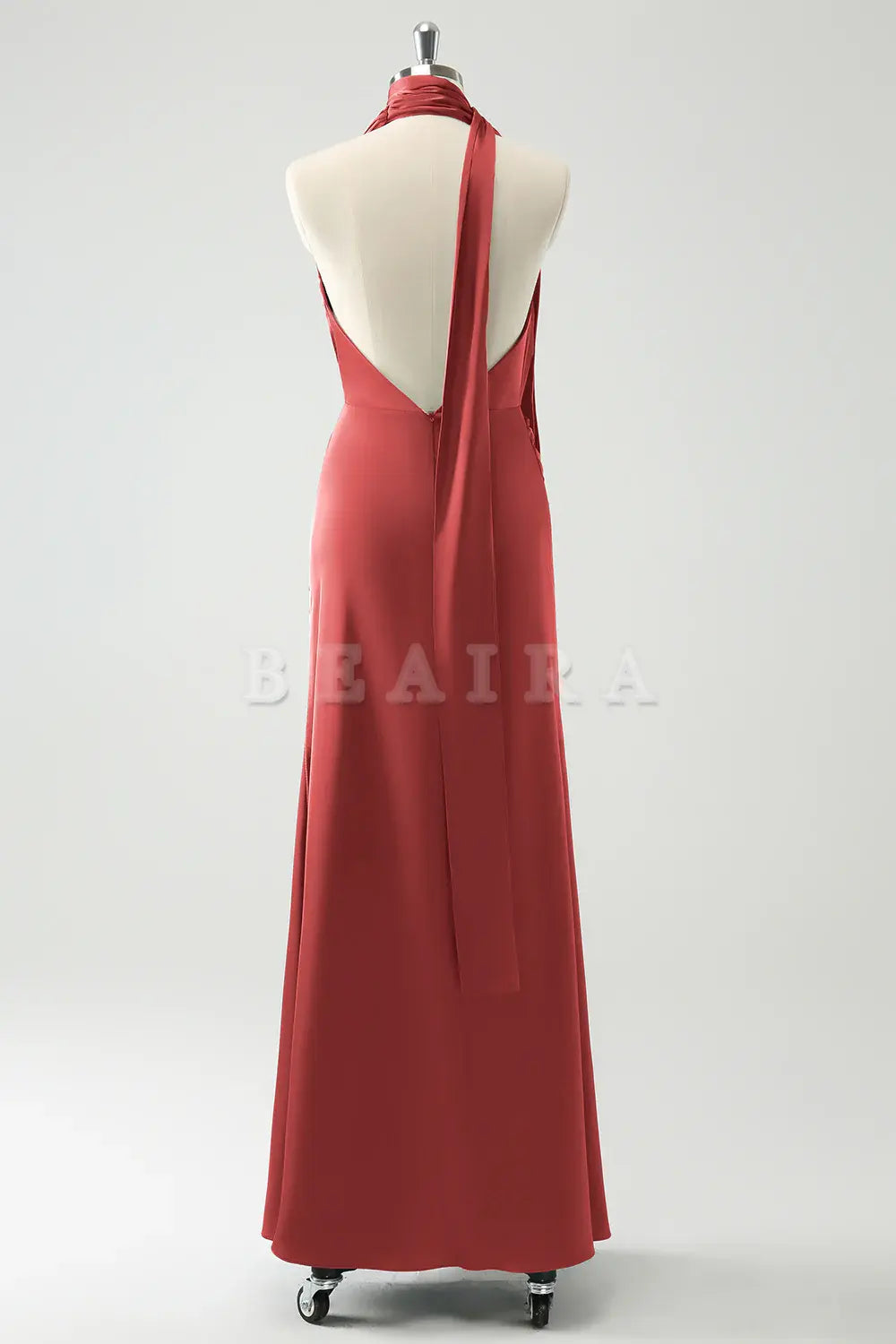 Beaira Terracotta Sheath Deep V Neck Ruched Long Bridesmaid Dress With Open Back Bridesmaid dress shop