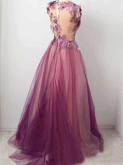 Tulle Flower A Line Prom Dresses Scoop Appliqued Party Dress