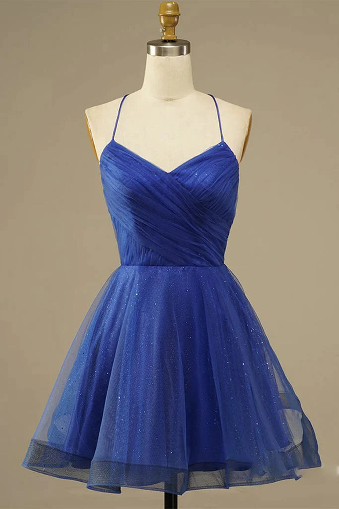 Tulle Lace Cocktail Dress Royal Blue Fitted Homecoming Dress Short Prom Dress