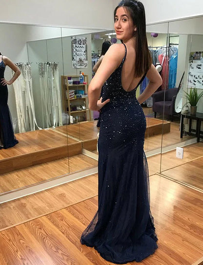 Tulle Spaghetti Straps Navy Blue Open Back Sheath/Column Prom Dresses