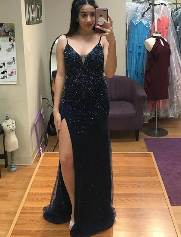 Tulle Spaghetti Straps Navy Blue Open Back Sheath/Column Prom Dresses