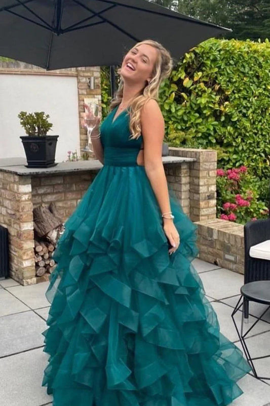 V Neck A Line Prom Dresses With Ruffles