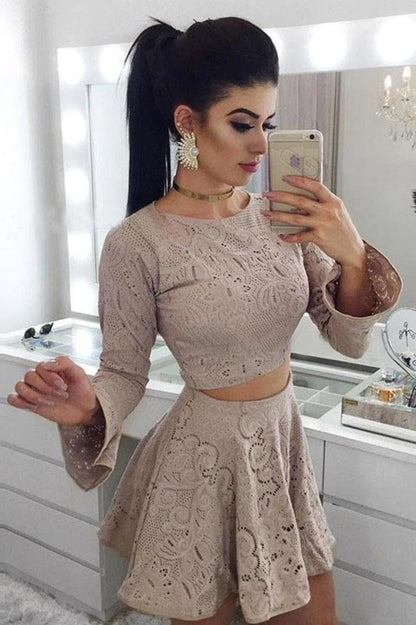 Two Piece A-Line Long Sleeves Lace Short Homecoming Dress