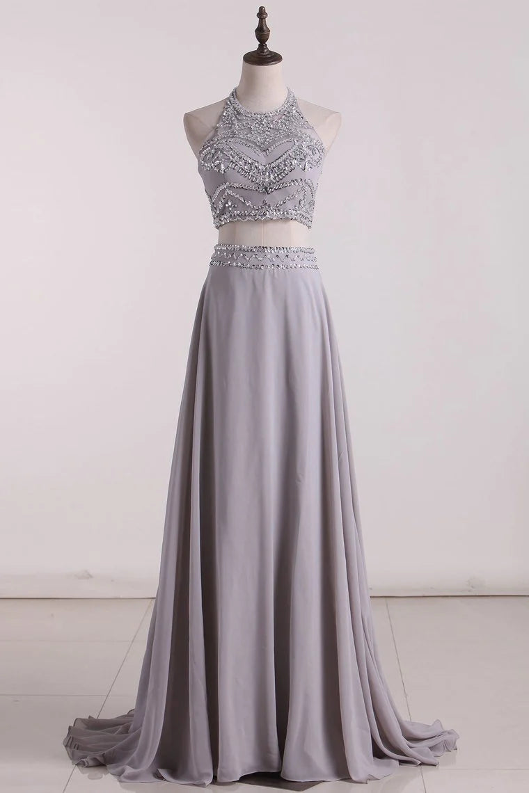 Two-Piece A Line Party Dresses Halter Chiffon With Beading