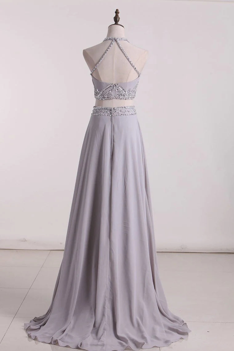 Two-Piece A Line Party Dresses Halter Chiffon With Beading