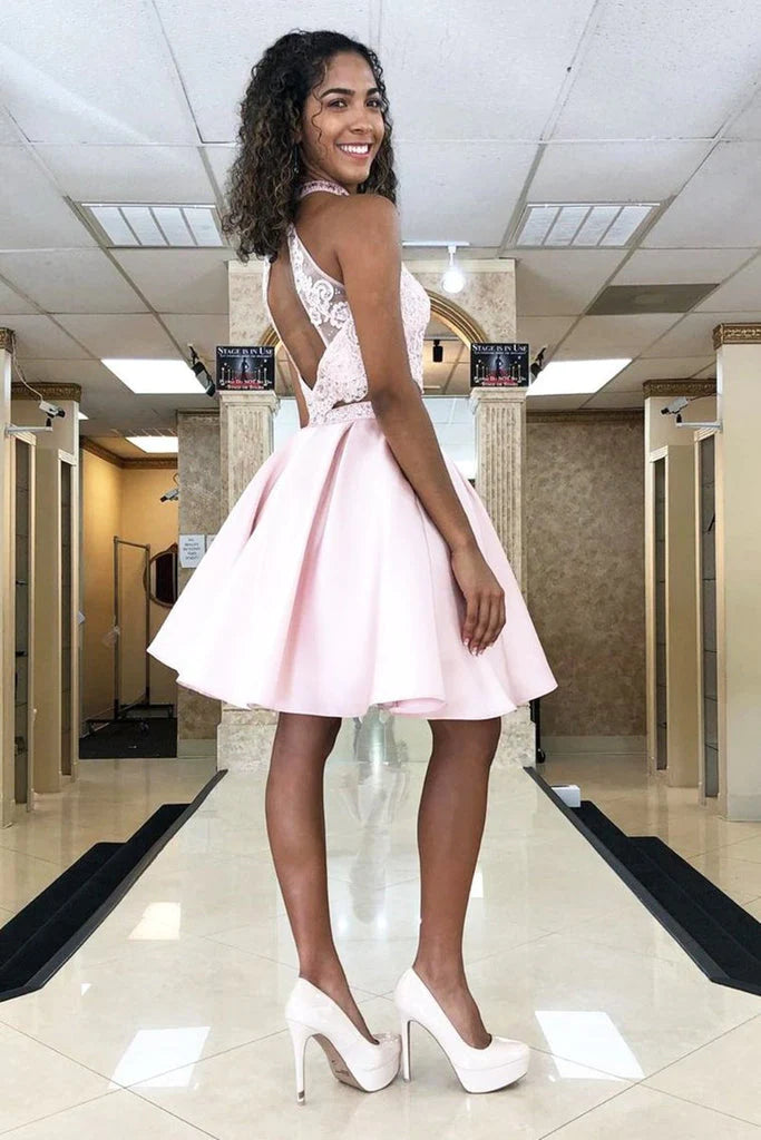 Two Piece Lace Top Satin Skirt Homecoming Dress With Beading