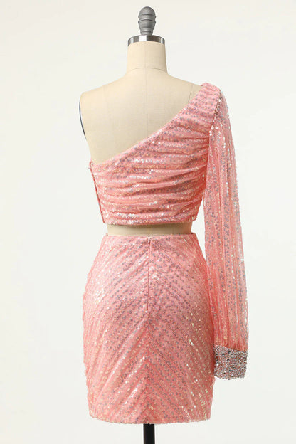 Two Piece Pink One Long Shoulder Sequin Homecoming Dresses