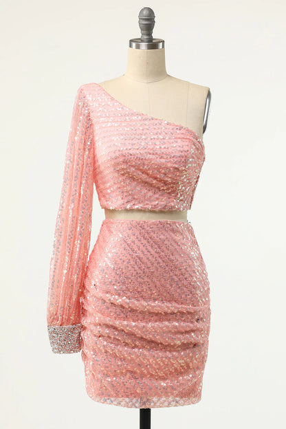 Two Piece Pink One Long Shoulder Sequin Homecoming Dresses