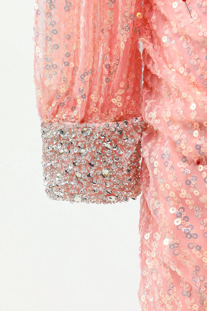 Two Piece Pink One Long Shoulder Sequin Homecoming Dresses